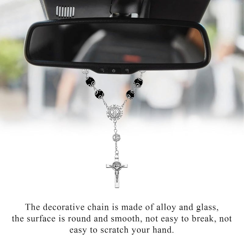 SHMZK 2 PCS Car Rosary for Rearview Mirror, Personalized Blessing Hanging Pendant for Car Rear View Mirror, Cross Rosary Ornament Interior Decor for Most Vehicles, Car Accessories (Black) - Image 3